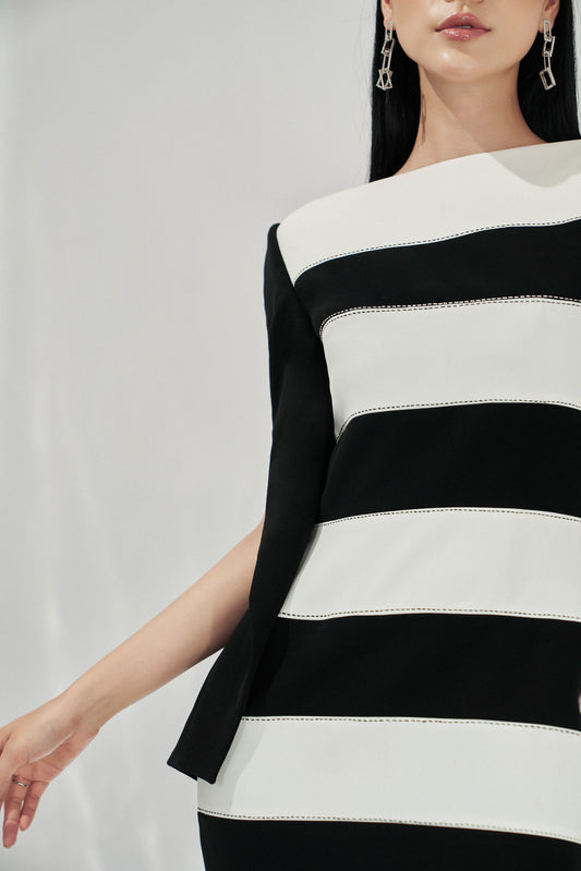 Black and White Striped Cape Sleeve Dress