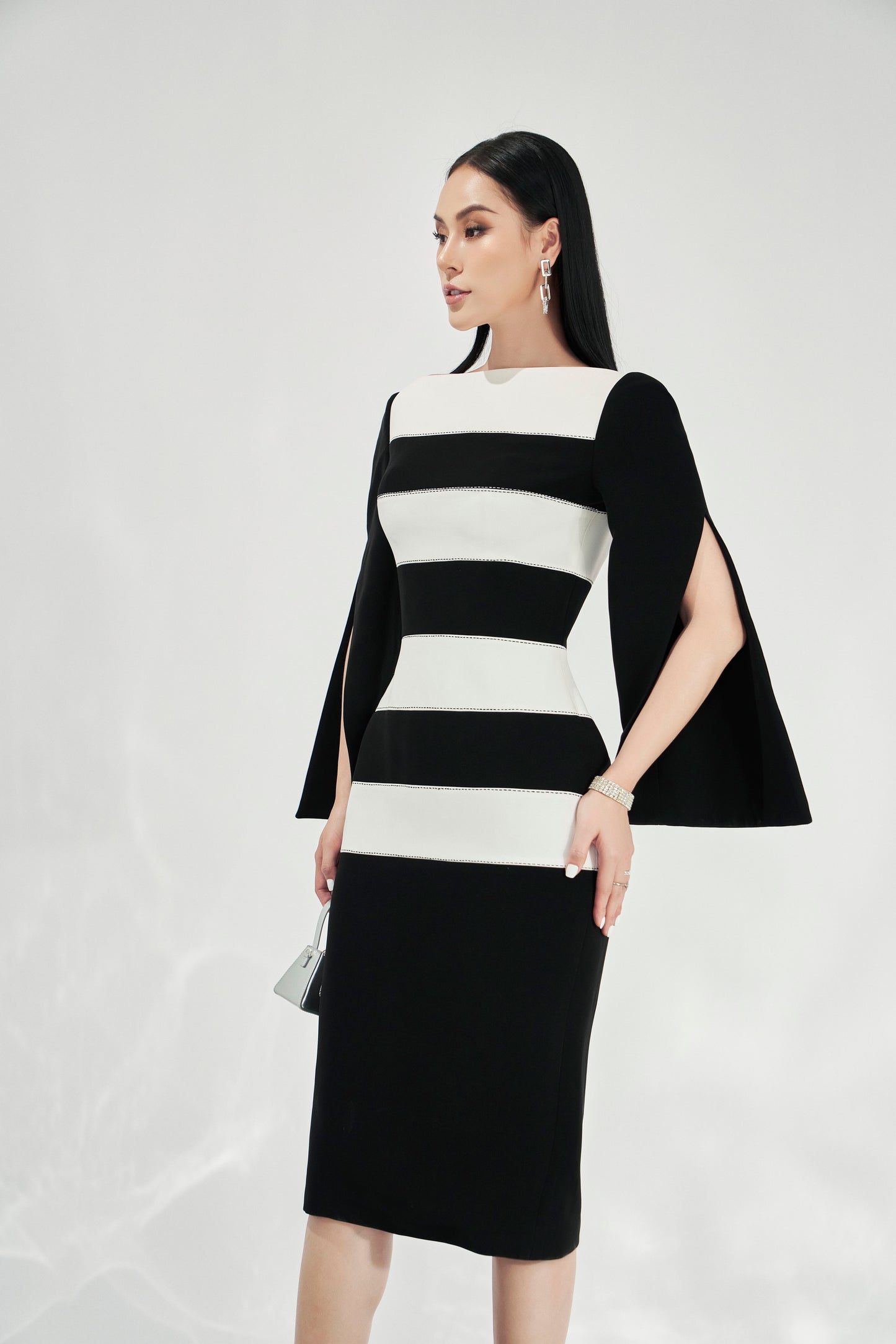 Black and White Striped Cape Sleeve Dress