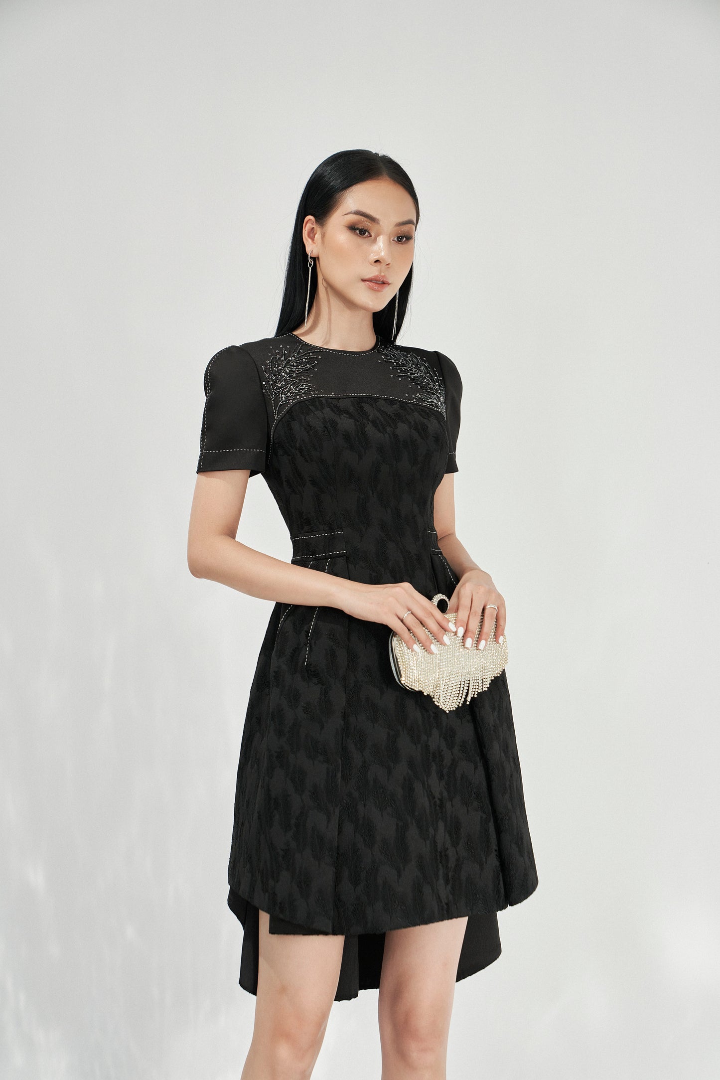 Black Jacquard High-Low Dress with Sheer Embroidered Shoulders