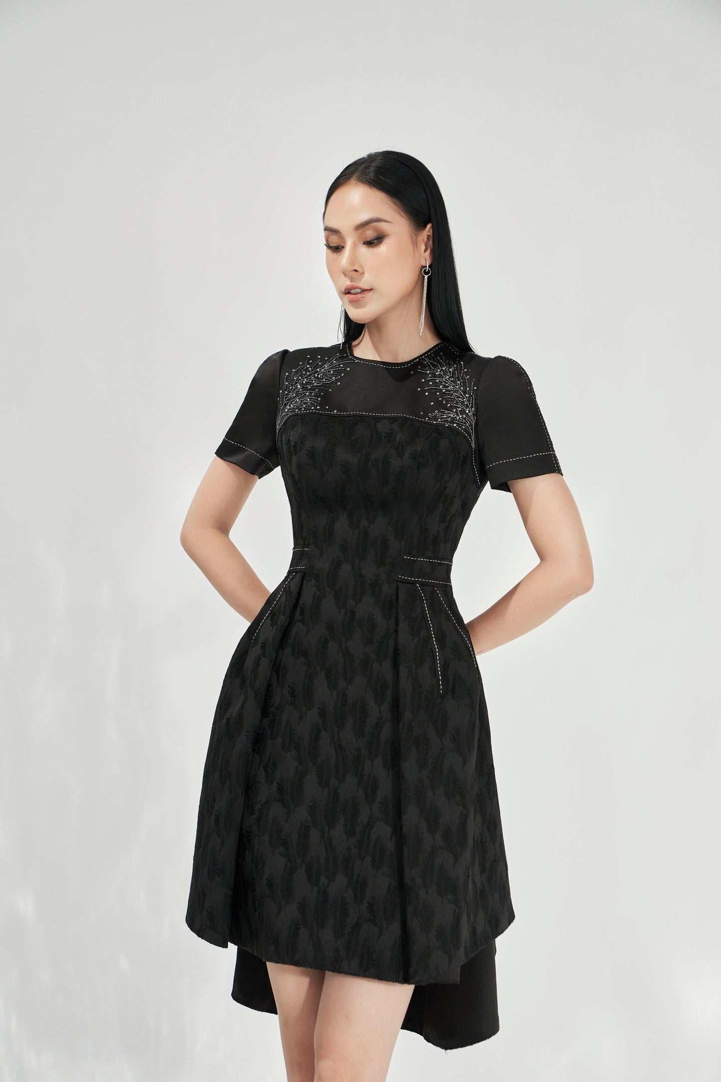Black Jacquard High-Low Dress with Sheer Embroidered Shoulders