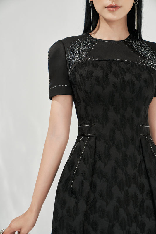 Black Jacquard High-Low Dress with Sheer Embroidered Shoulders