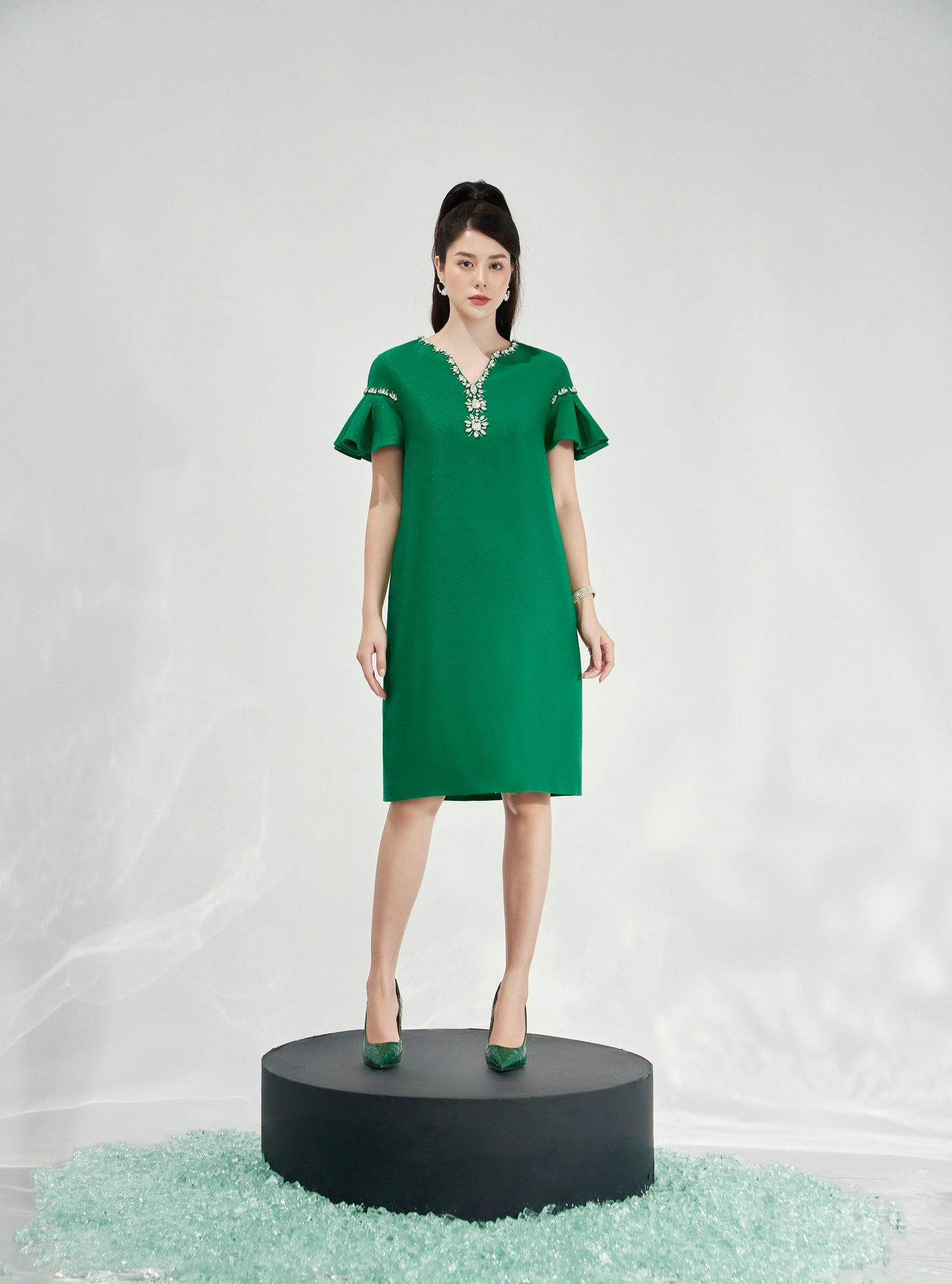 Green Flutter Sleeve Dress with Floral Embellished V-Neckline