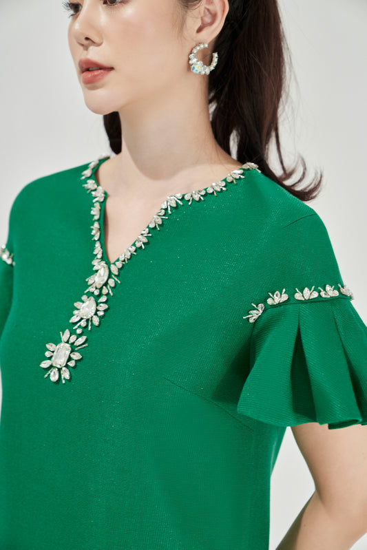 Green Flutter Sleeve Dress with Floral Embellished V-Neckline