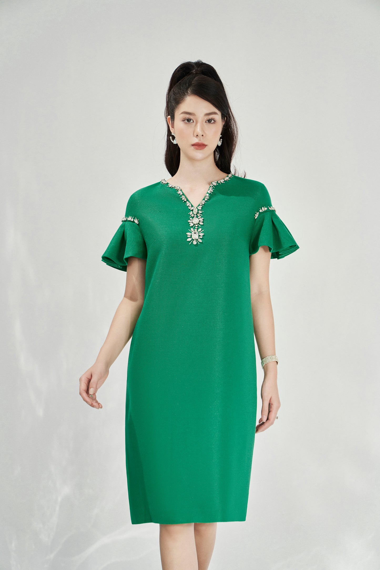 Green Flutter Sleeve Dress with Floral Embellished V-Neckline