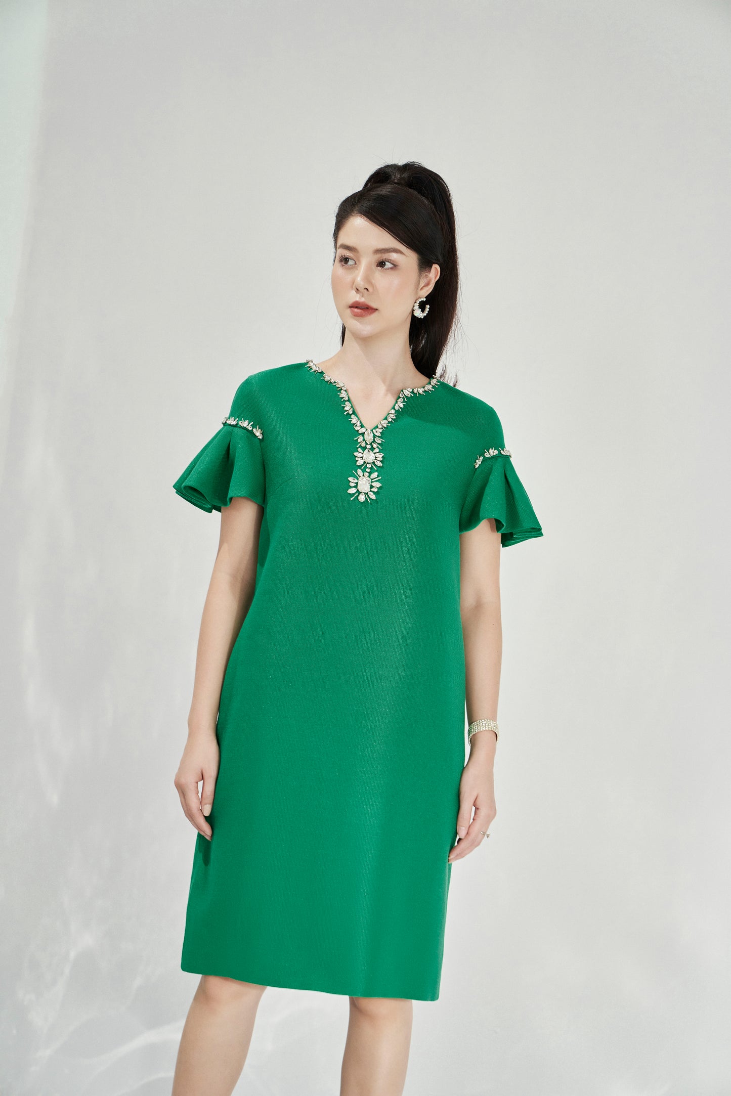 Green Flutter Sleeve Dress with Floral Embellished V-Neckline