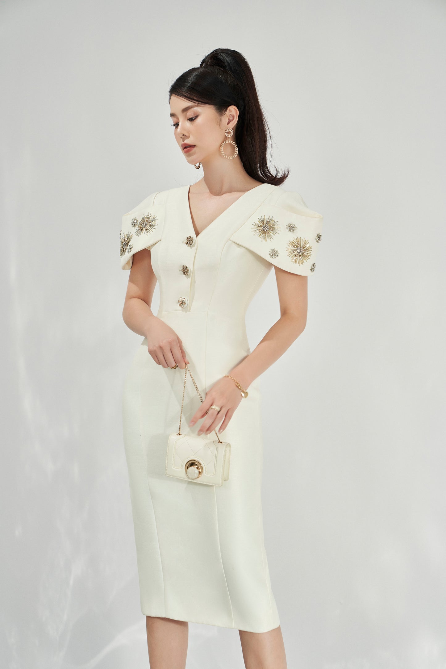 White Midi Dress with Embellished Shoulder Details and V-Neckline