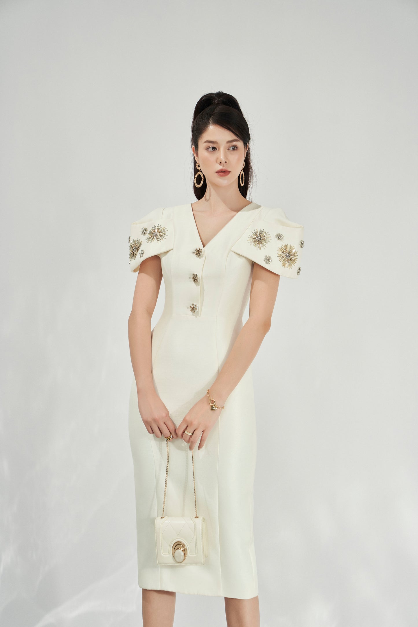 White Midi Dress with Embellished Shoulder Details and V-Neckline