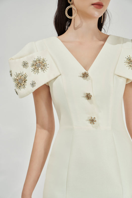 White Midi Dress with Embellished Shoulder Details and V-Neckline