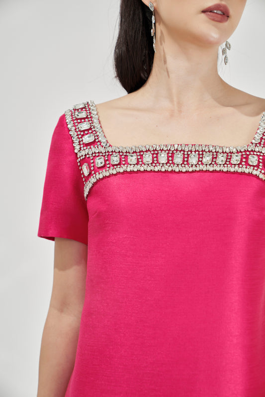 Fuchsia A-Line Mini Dress with Beaded Neckline and 3D Floral Appliques