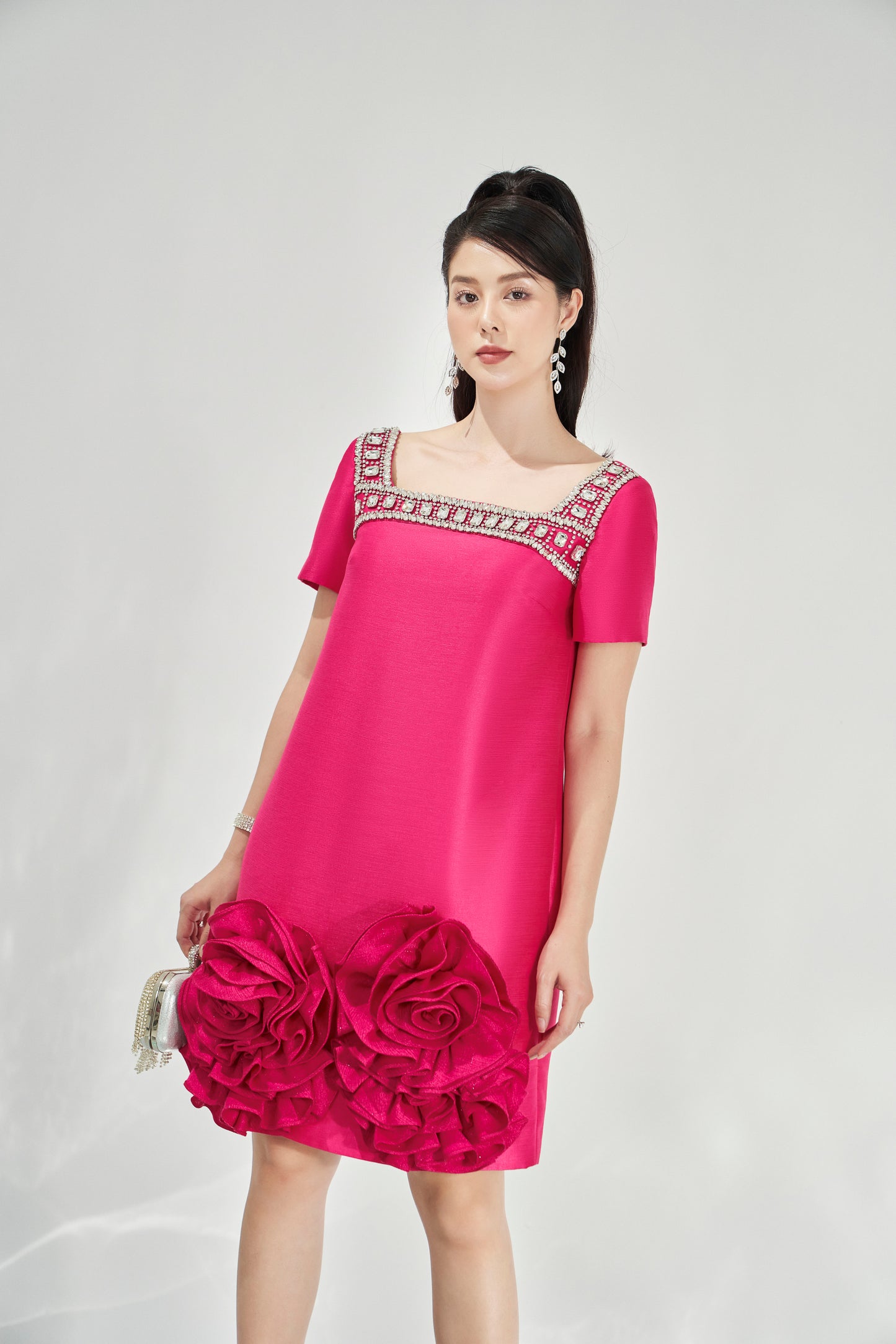 Fuchsia A-Line Mini Dress with Beaded Neckline and 3D Floral Appliques