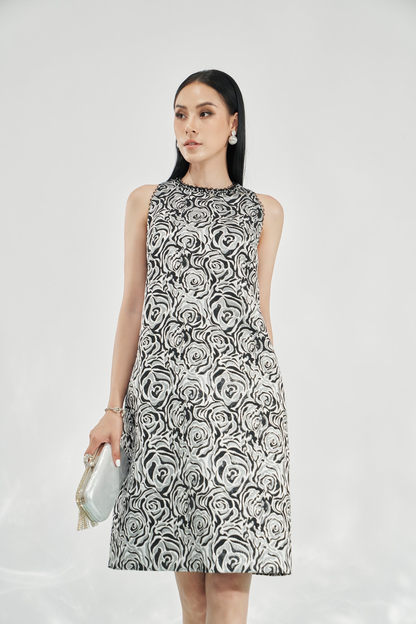 Black and Silver Floral Cocktail Dress