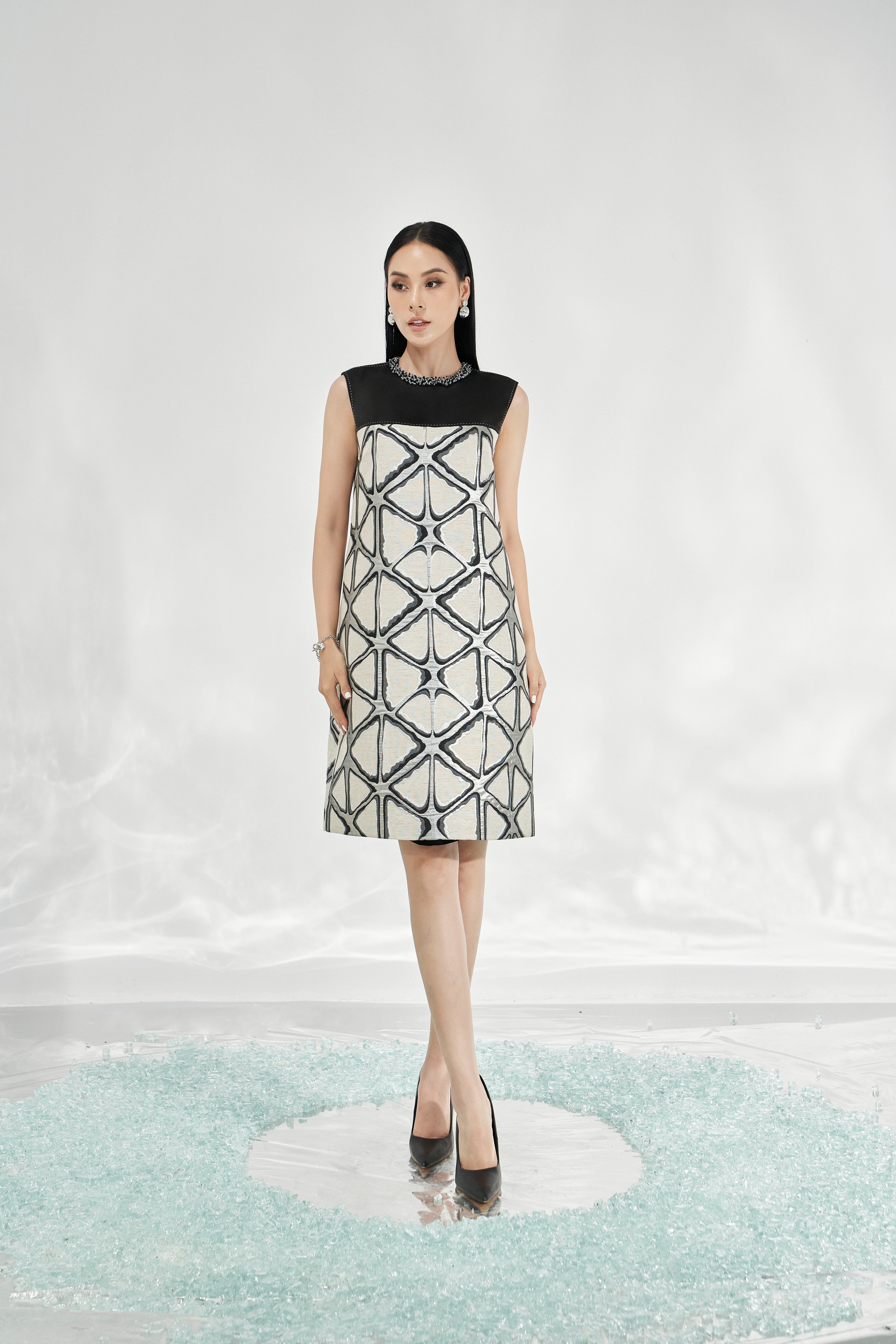 Geometric Sleeveless Shift Dress with Beaded Collar My Store Geometric Sleeveless Shift Dress with Beaded Collar My Store