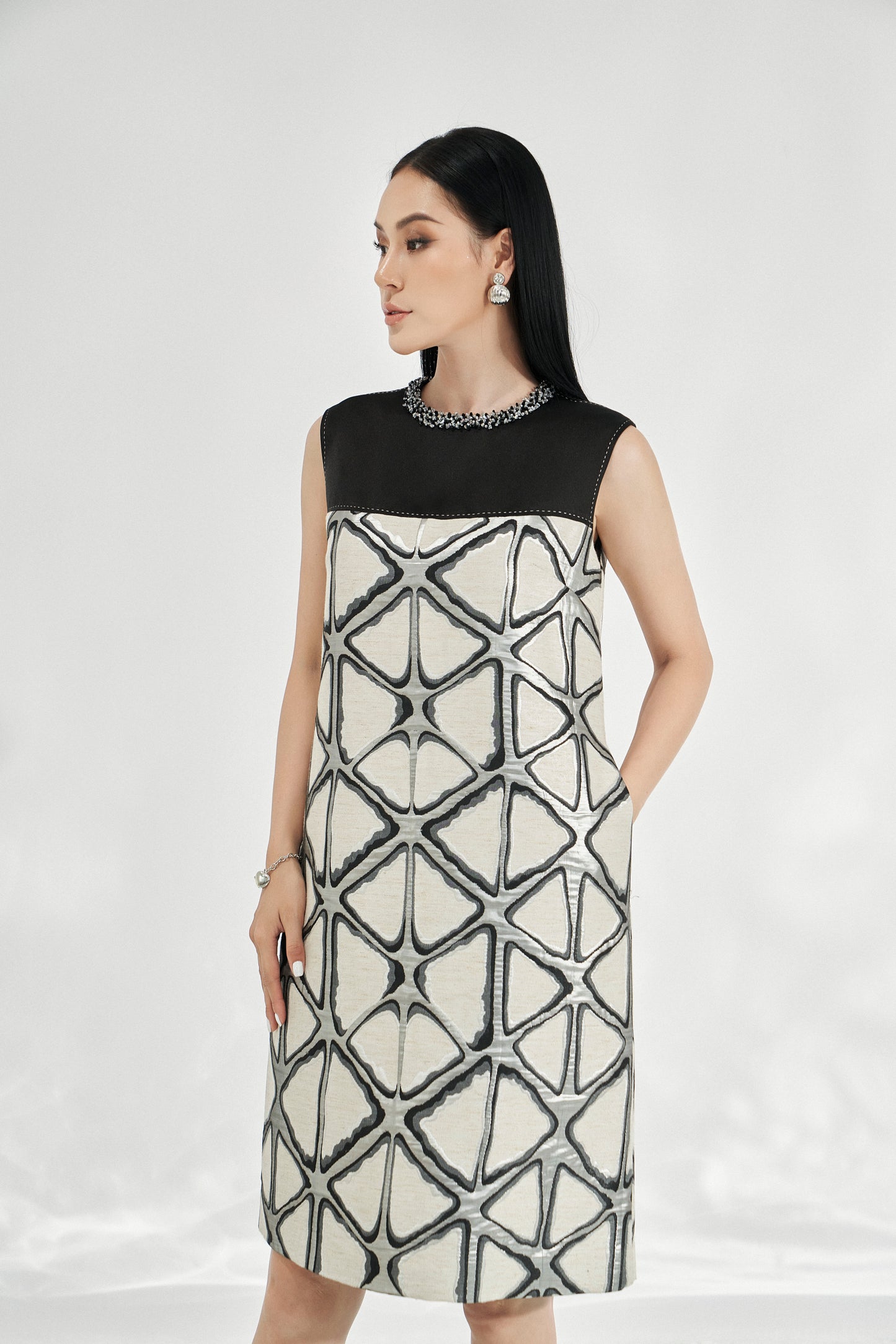 Geometric Sleeveless Shift Dress with Beaded Collar