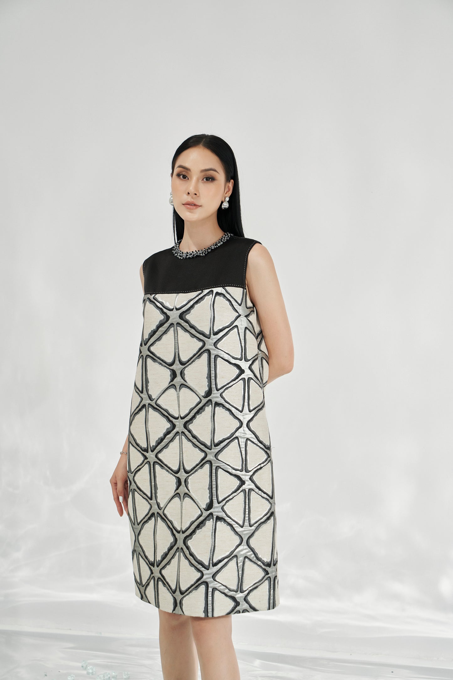 Geometric Sleeveless Shift Dress with Beaded Collar