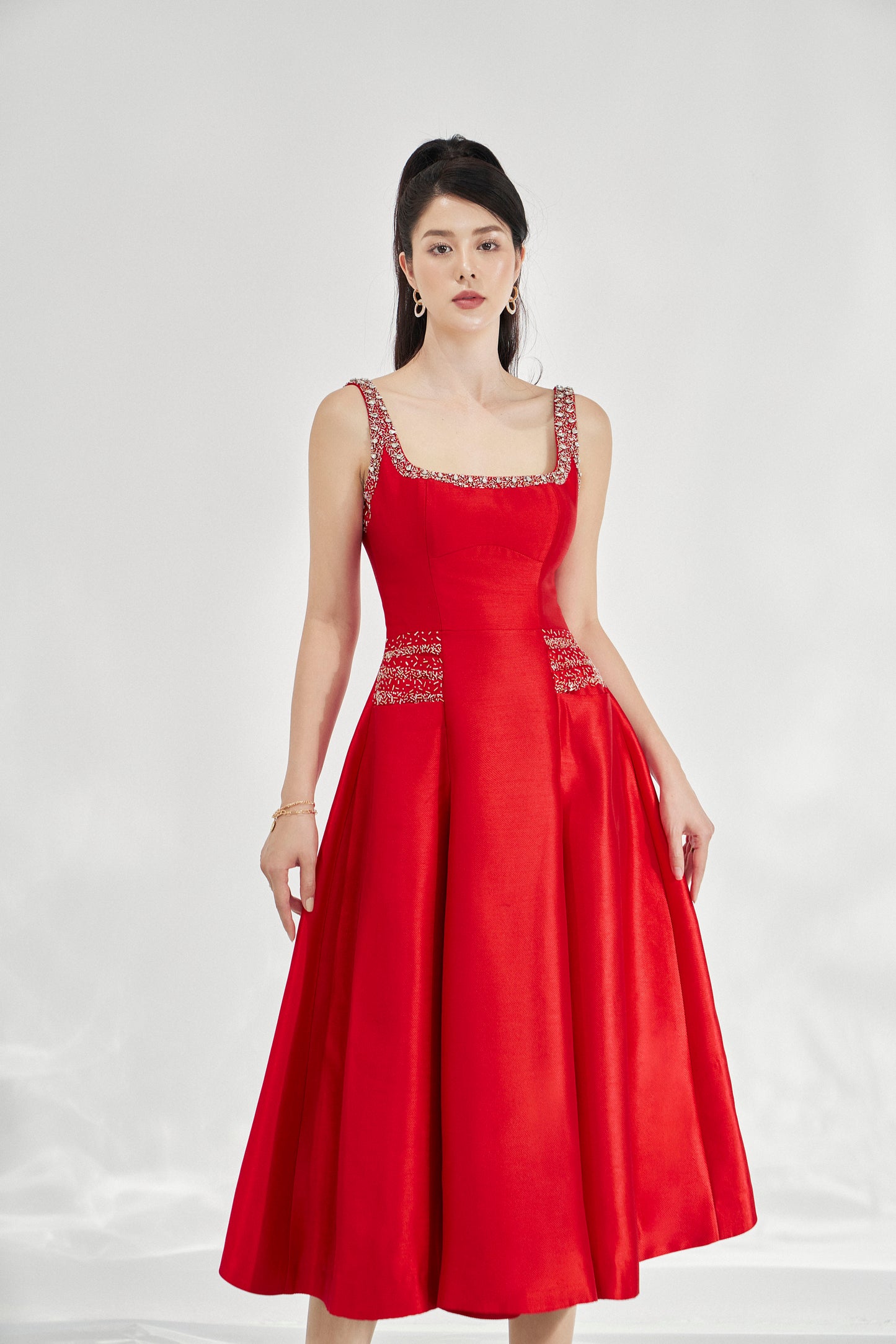 Red Satin A-Line Midi Dress with Embellished Straps