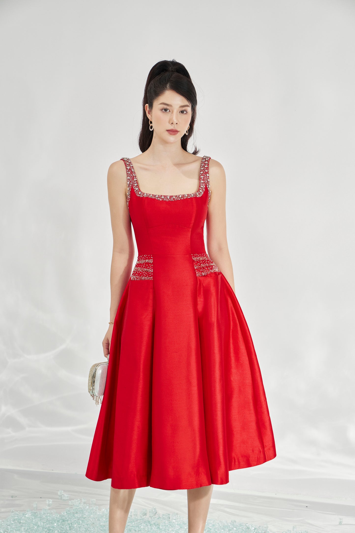 Red Satin A-Line Midi Dress with Embellished Straps