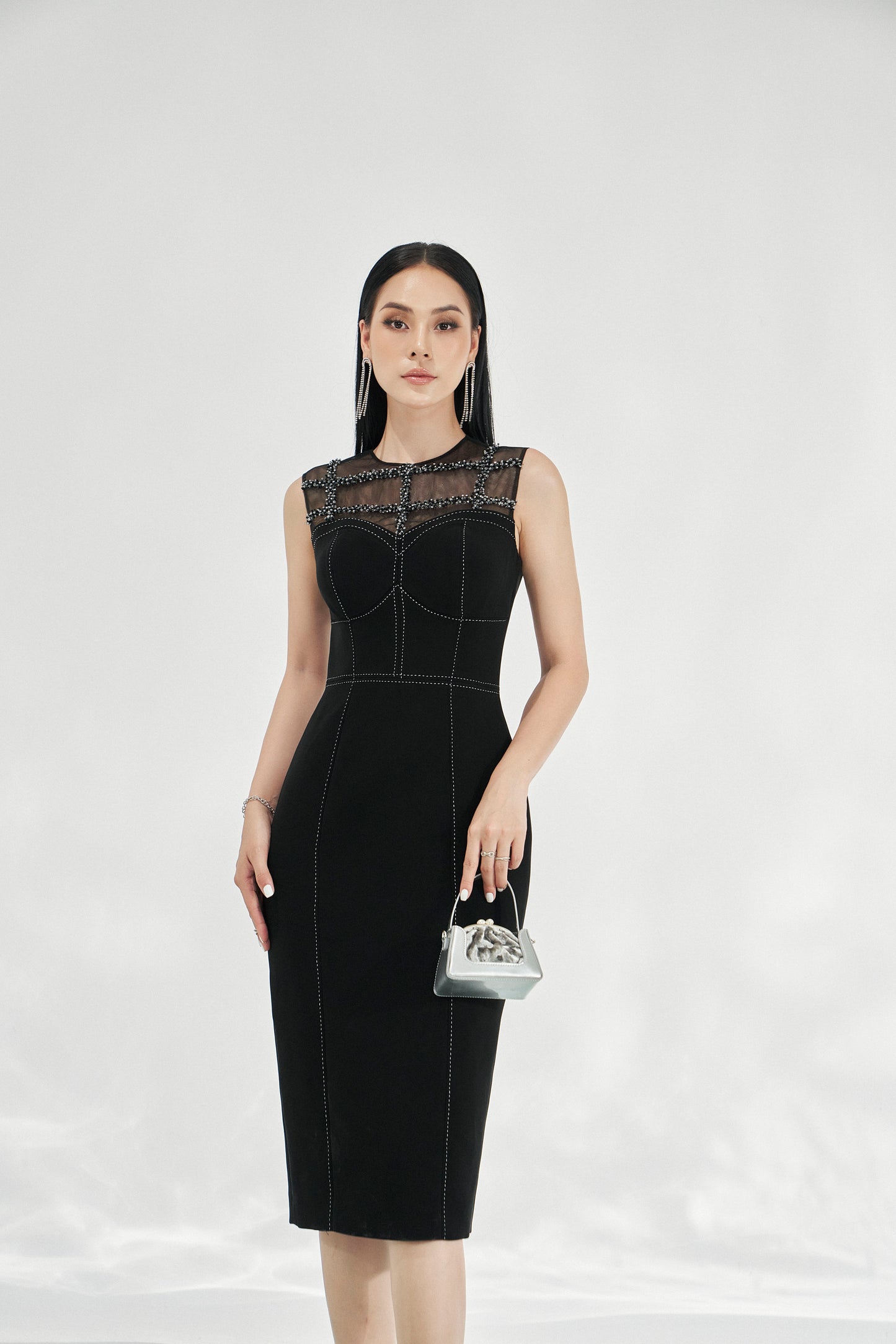 Black Midi Bodycon Dress with Sheer Embellished Neckline