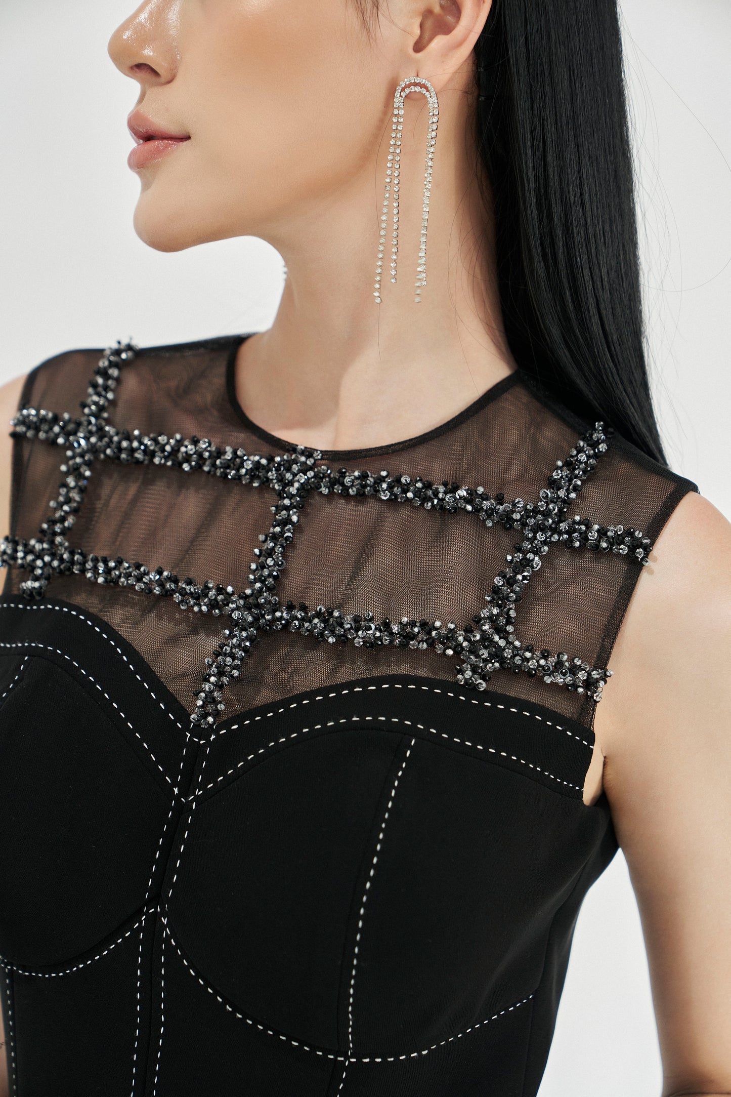 Black Midi Bodycon Dress with Sheer Embellished Neckline