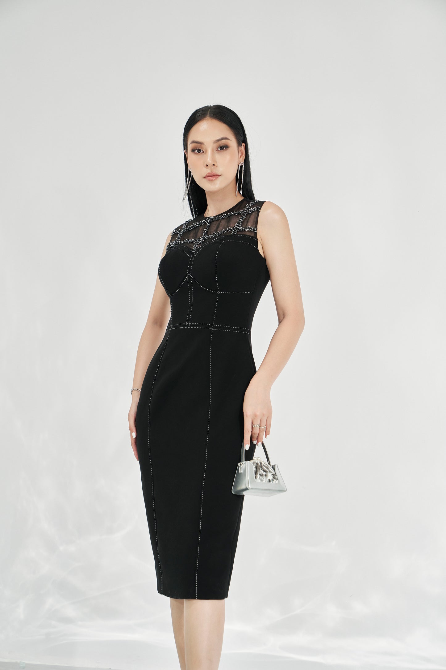 Black Midi Bodycon Dress with Sheer Embellished Neckline