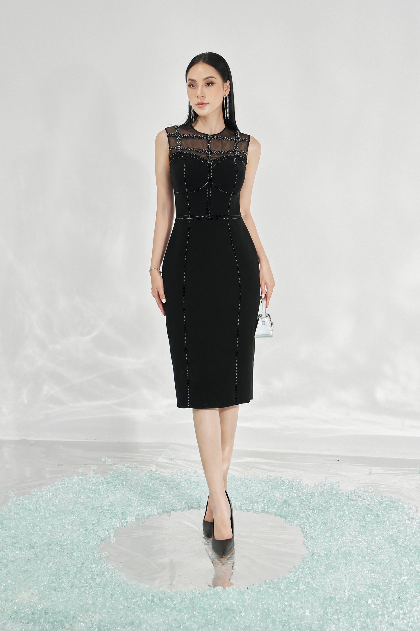 Black Midi Bodycon Dress with Sheer Embellished Neckline