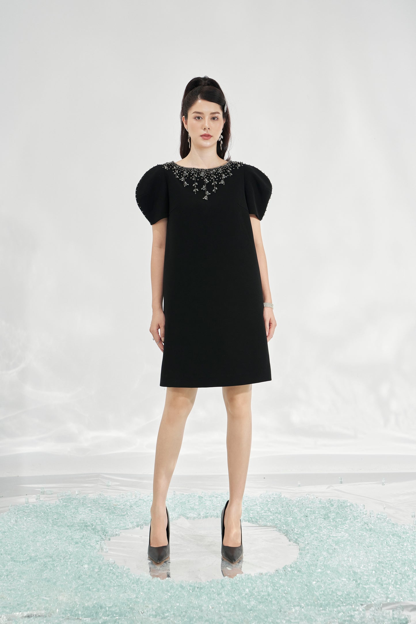 Black Shift Dress with Statement Puff Sleeves and Beaded Neckline