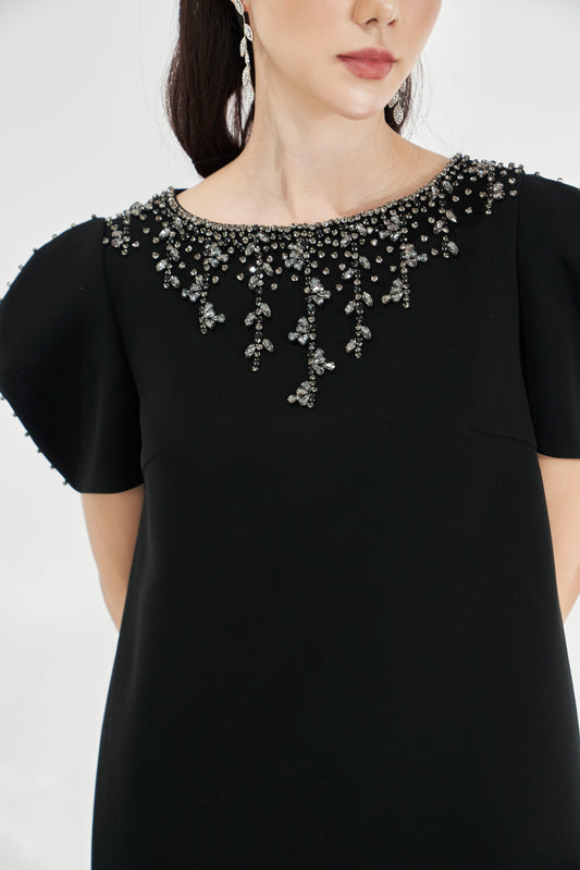 Black Shift Dress with Statement Puff Sleeves and Beaded Neckline