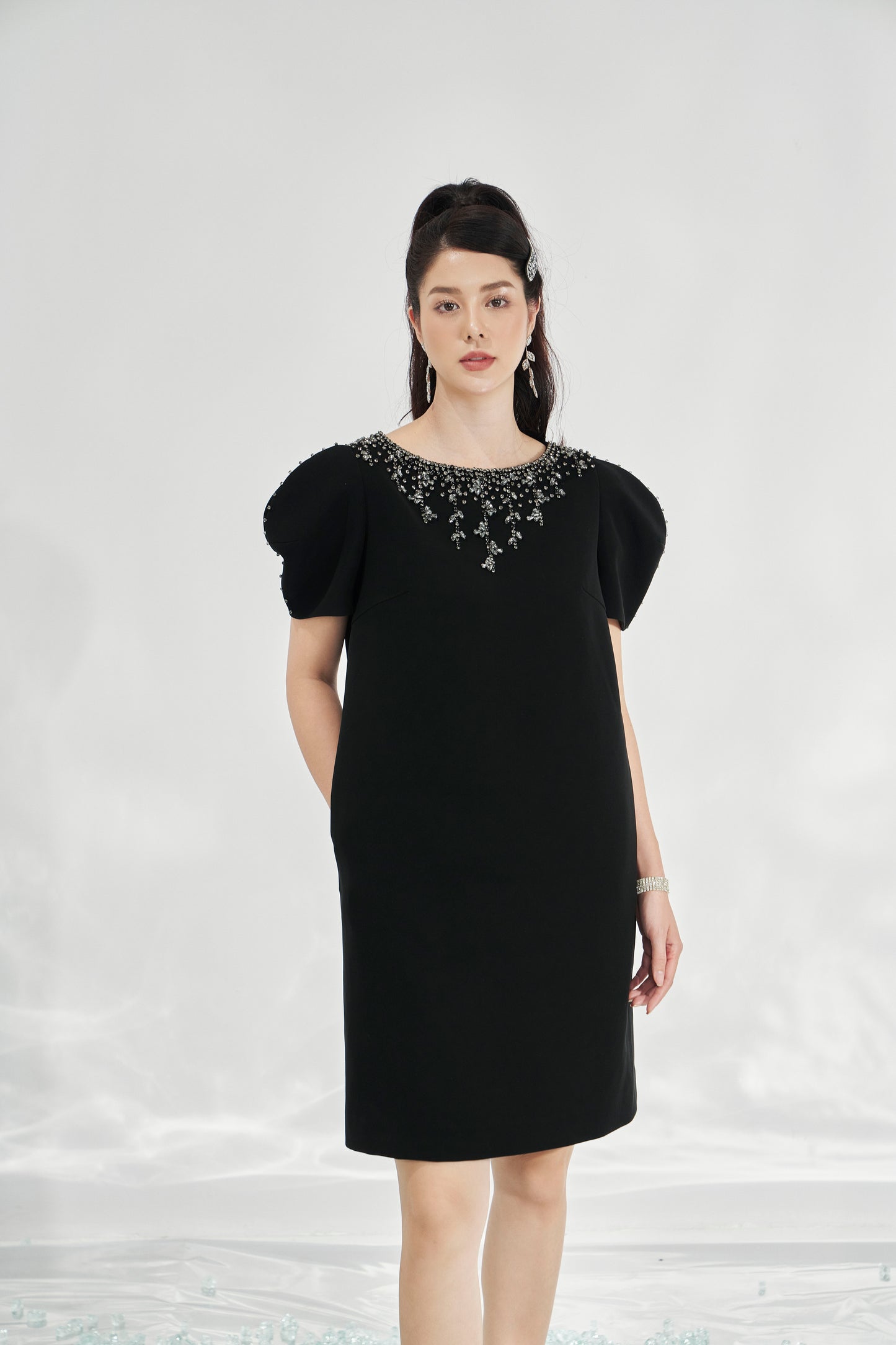 Black Shift Dress with Statement Puff Sleeves and Beaded Neckline