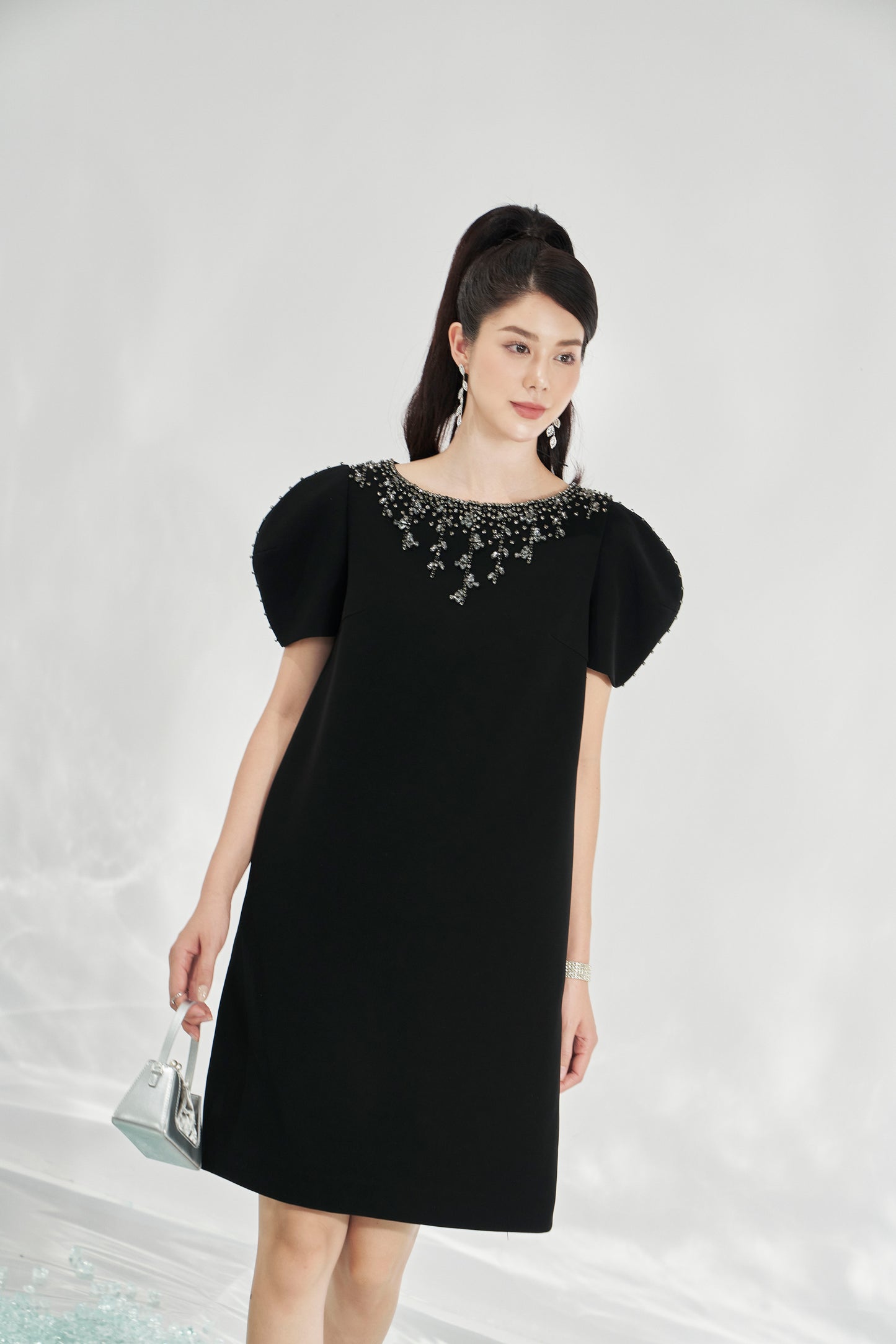 Black Shift Dress with Statement Puff Sleeves and Beaded Neckline
