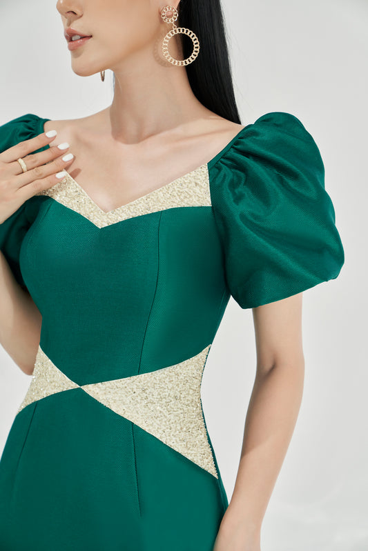 Green Fitted Pencil Dress with Puff Sleeves and Glitter Accents