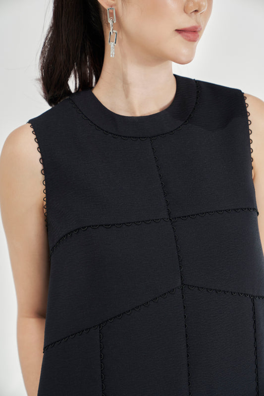 Sleeveless Black A-Line Dress with Detailed Stitching