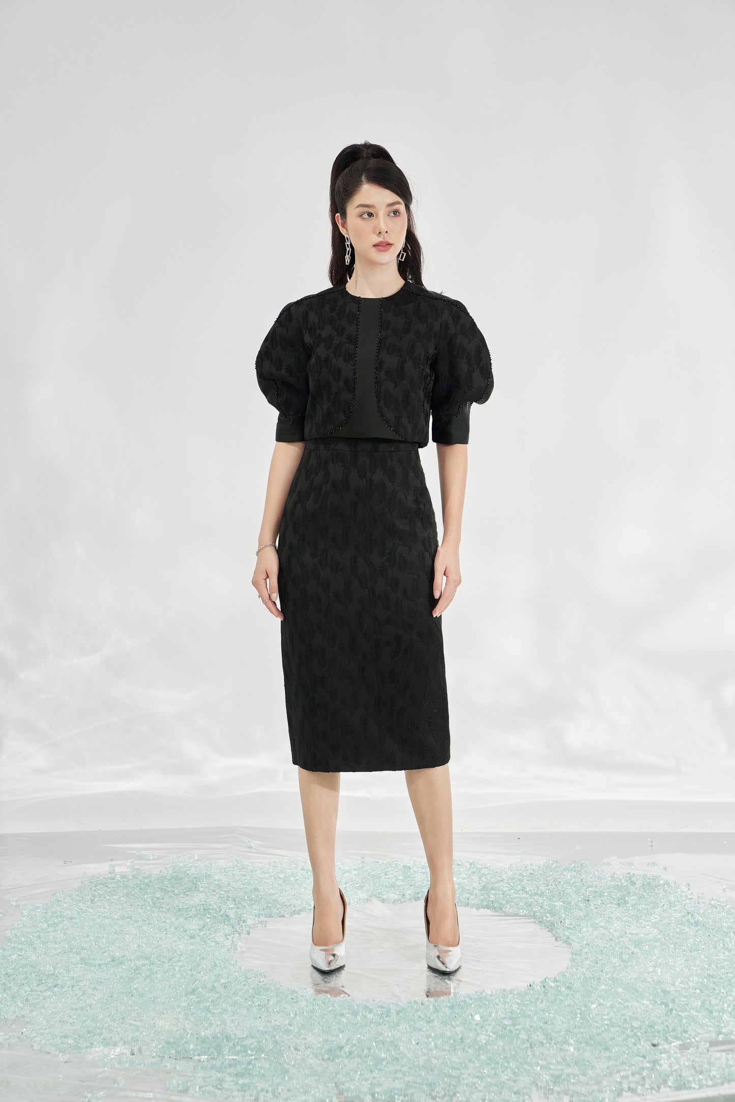 Black Jacquard Midi Dress with Puff-Sleeve Bolero Jacket Set