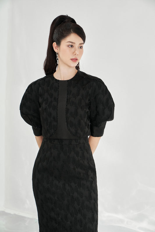 Black Jacquard Midi Dress with Puff-Sleeve Bolero Jacket Set
