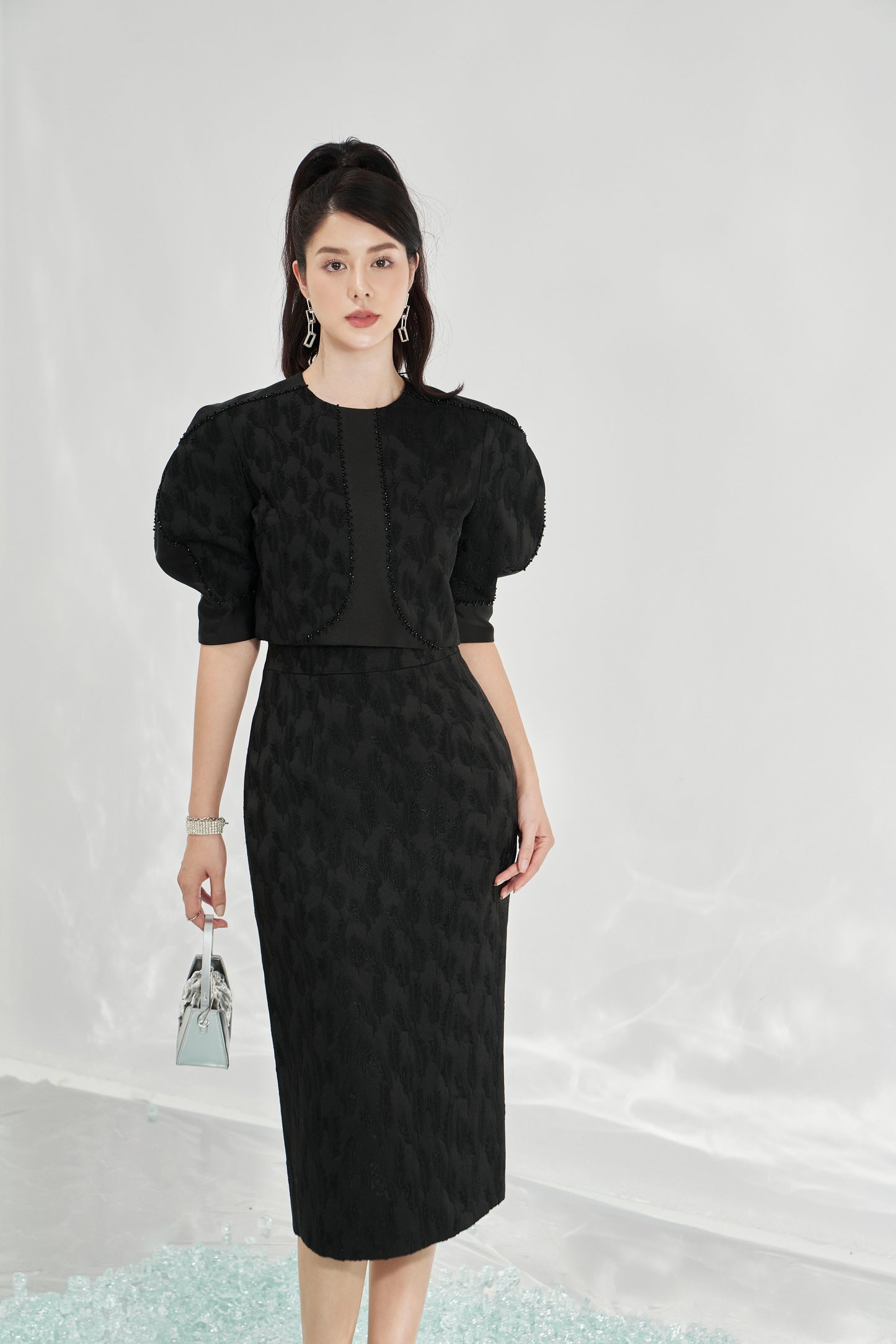 Black Jacquard Midi Dress with Puff-Sleeve Bolero Jacket Set