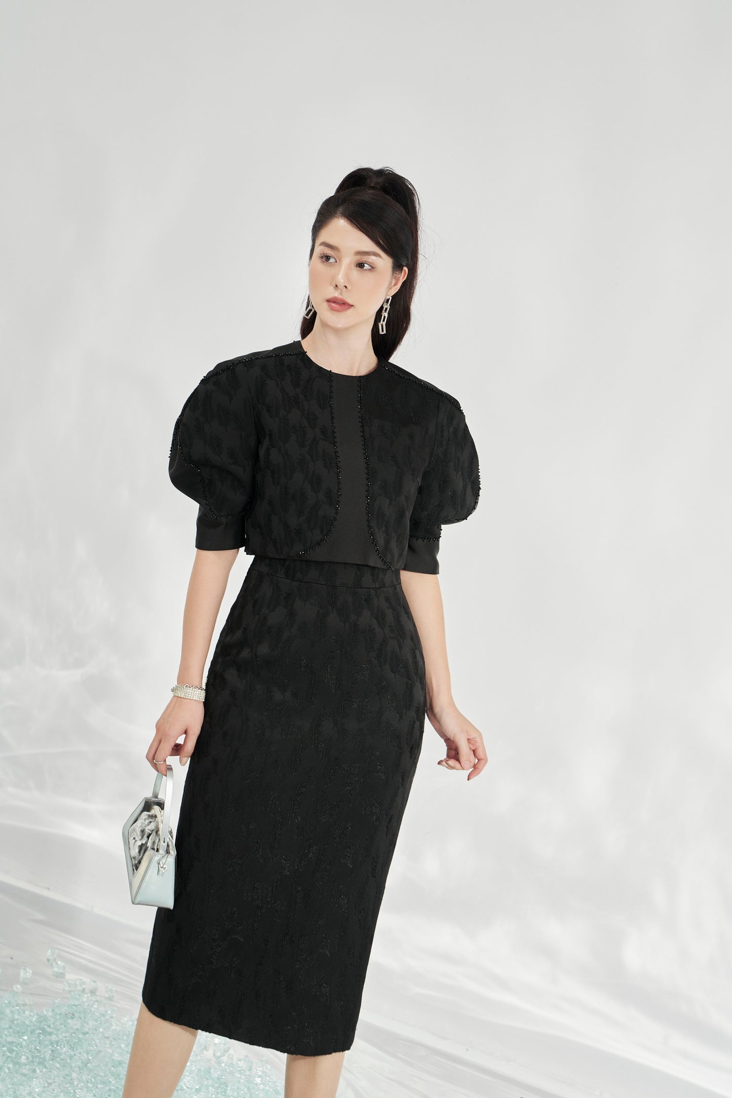 Black Jacquard Midi Dress with Puff-Sleeve Bolero Jacket Set