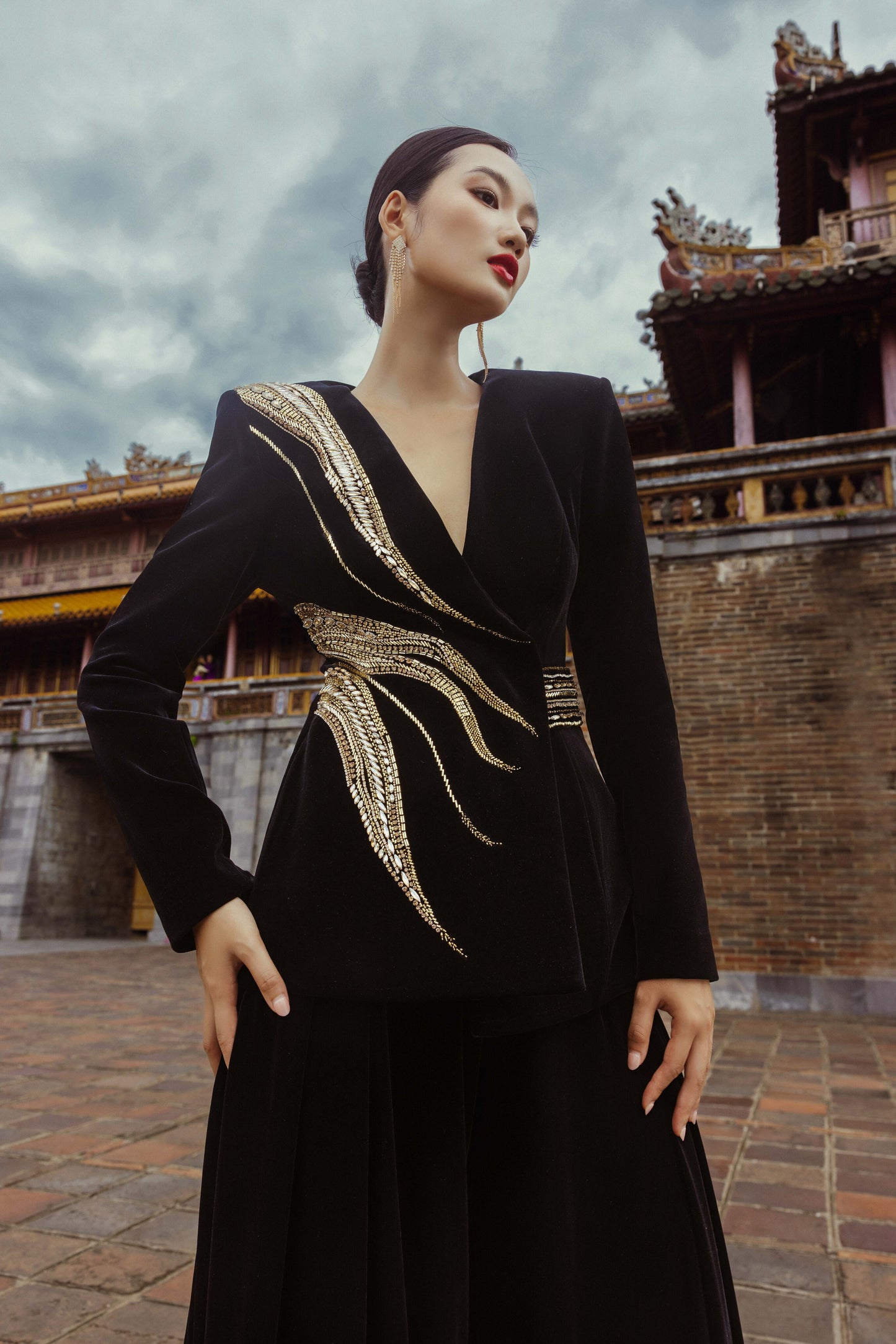 Black Velvet Pantsuit with Embellished Silver Details