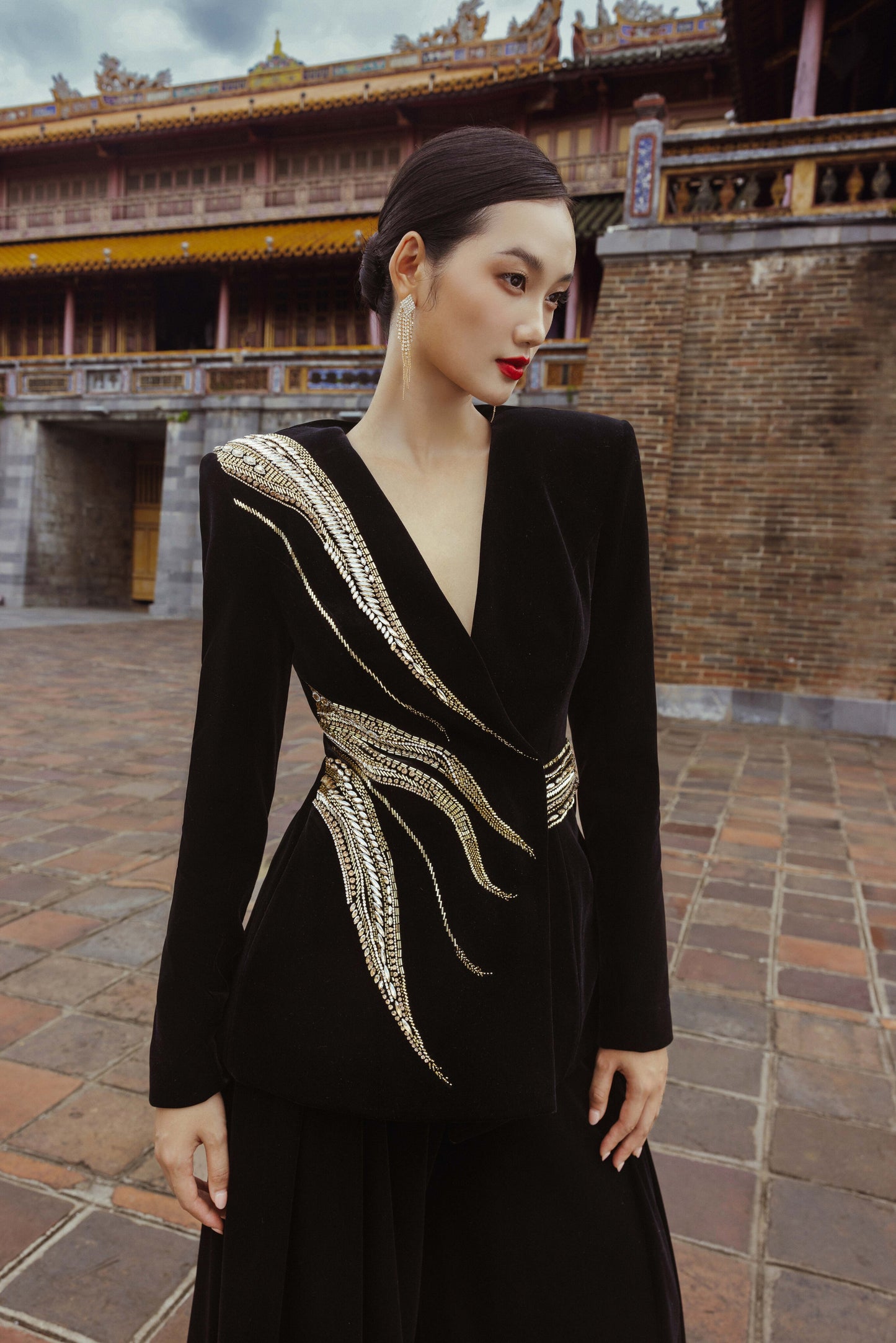 Black Velvet Pantsuit with Embellished Silver Details