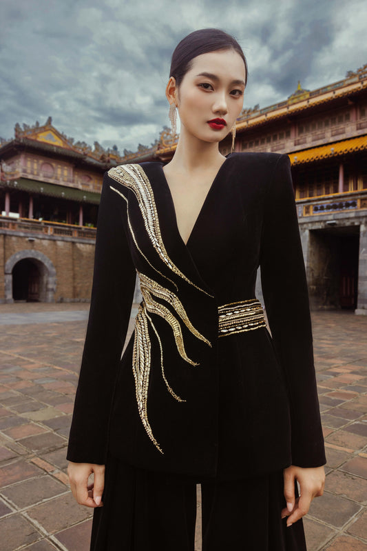 Black Velvet Pantsuit with Embellished Silver Details