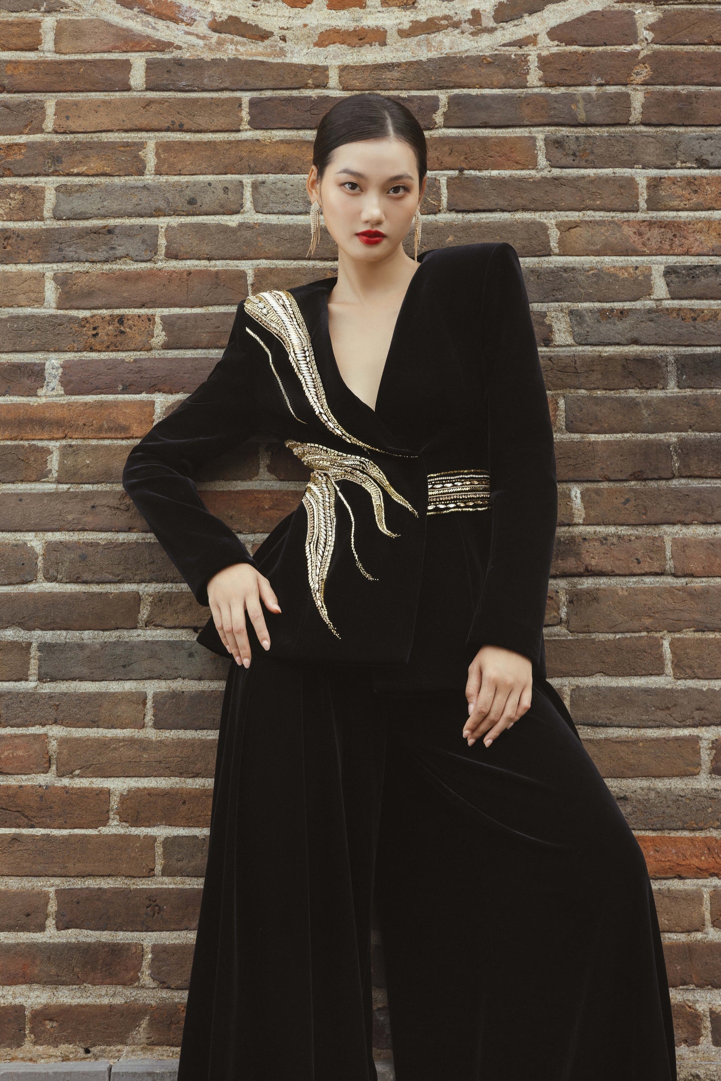Black Velvet Pantsuit with Embellished Silver Details