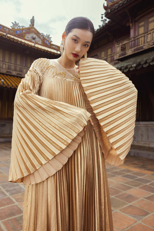 Golden Pleated Maxi Gown with Flowing Bell Sleeves