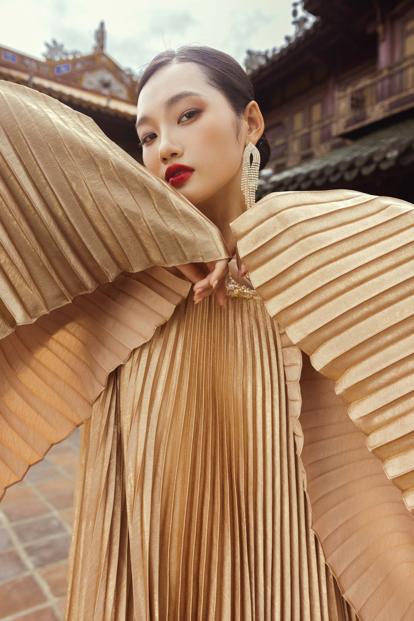 Golden Pleated Maxi Gown with Flowing Bell Sleeves