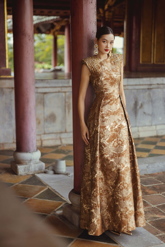 Gold Brocade Evening Gown with Embellished Shoulders