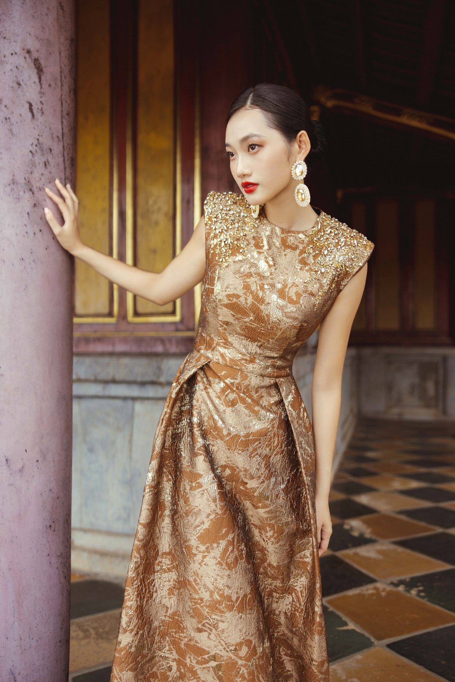 Gold Brocade Evening Gown with Embellished Shoulders
