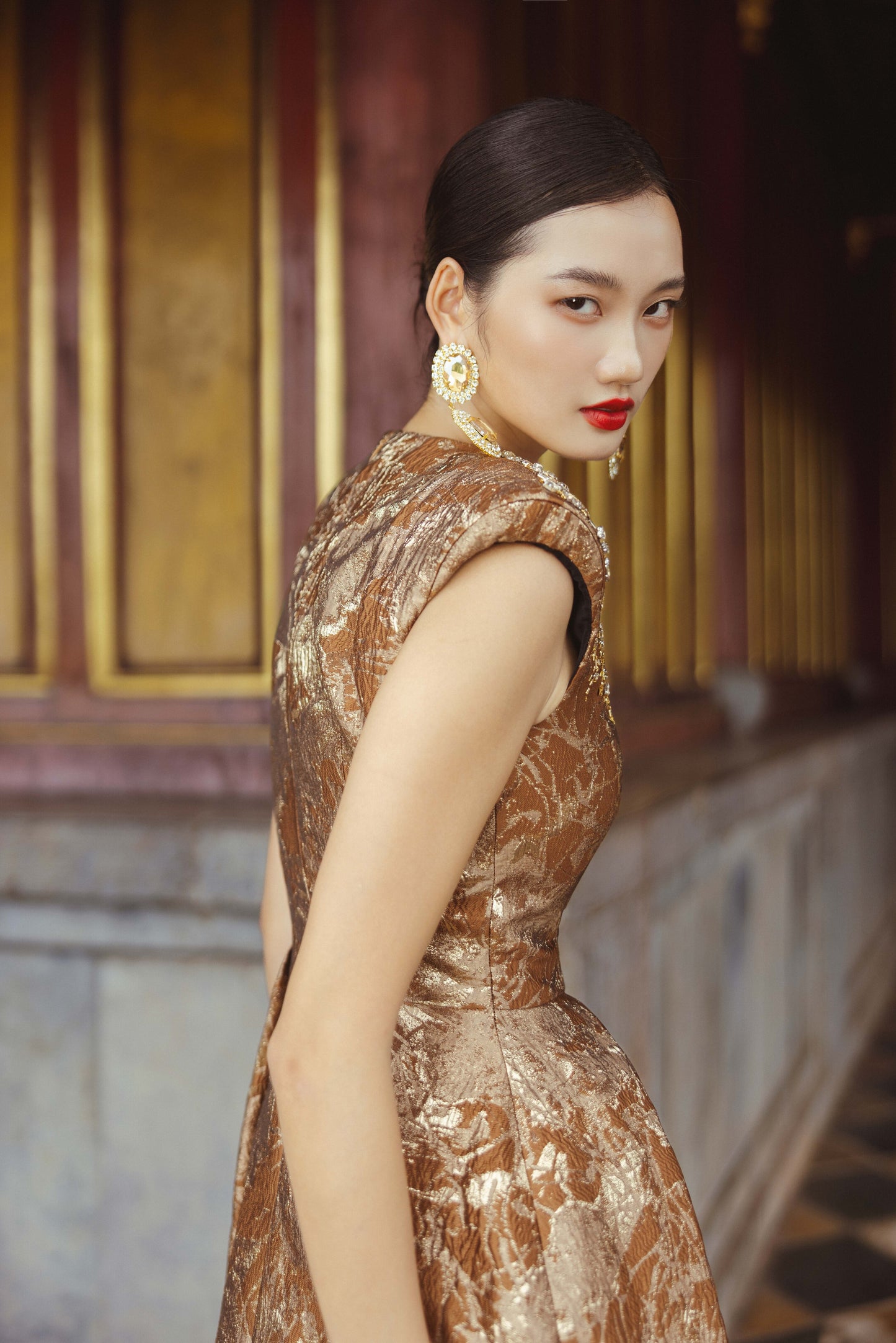 Gold Brocade Evening Gown with Embellished Shoulders