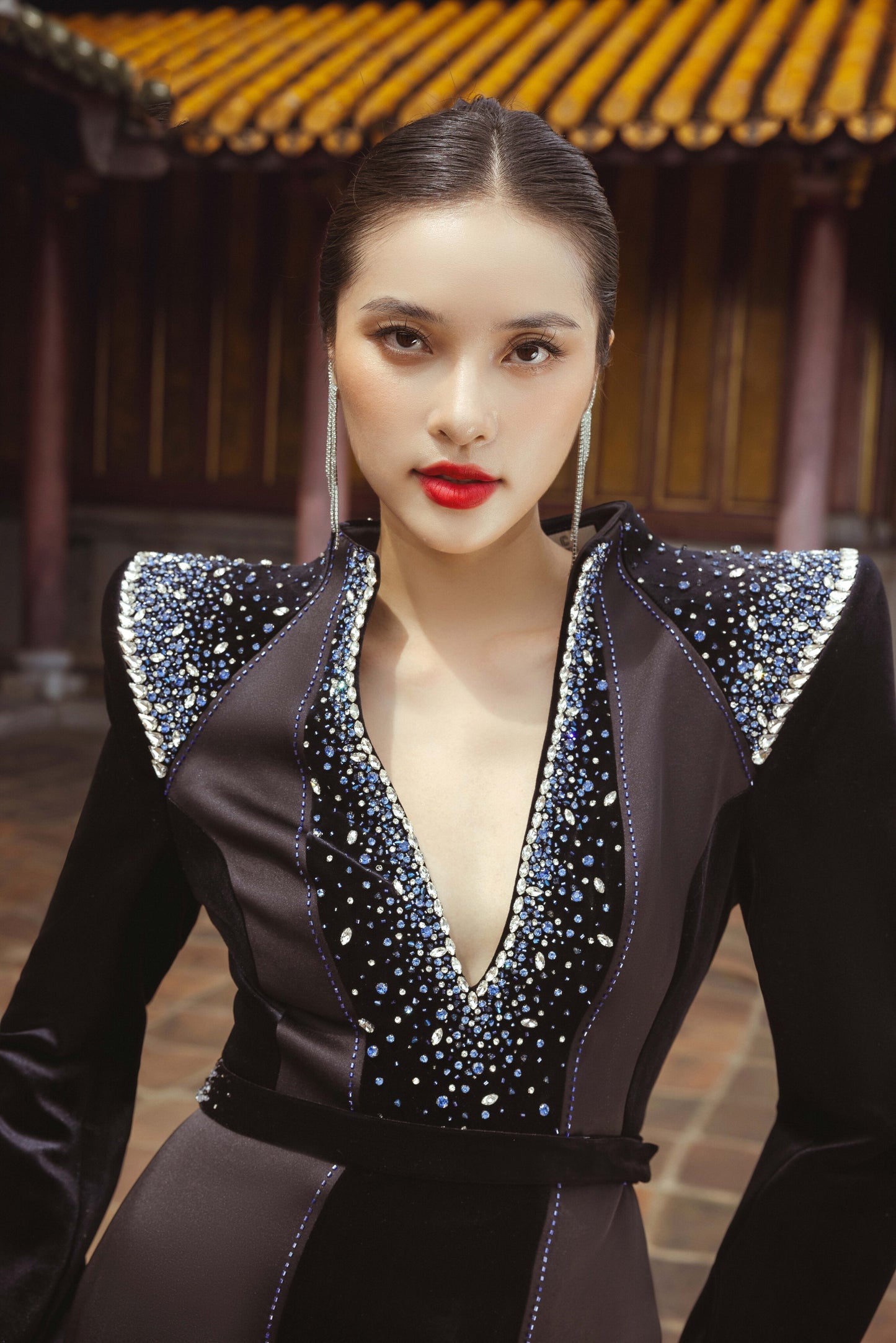 Black Velvet Evening Gown with Beaded Detailing and Structured Shoulders