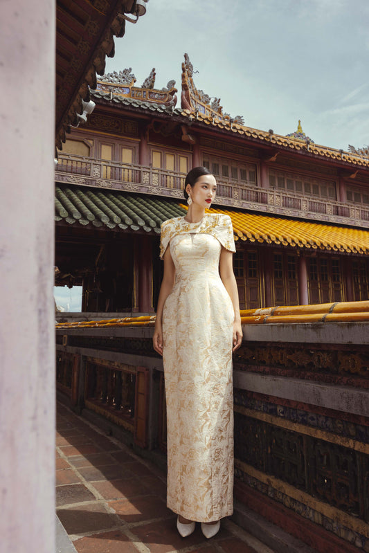 Gold Brocade Embroidered Long Gown with Structured Cape