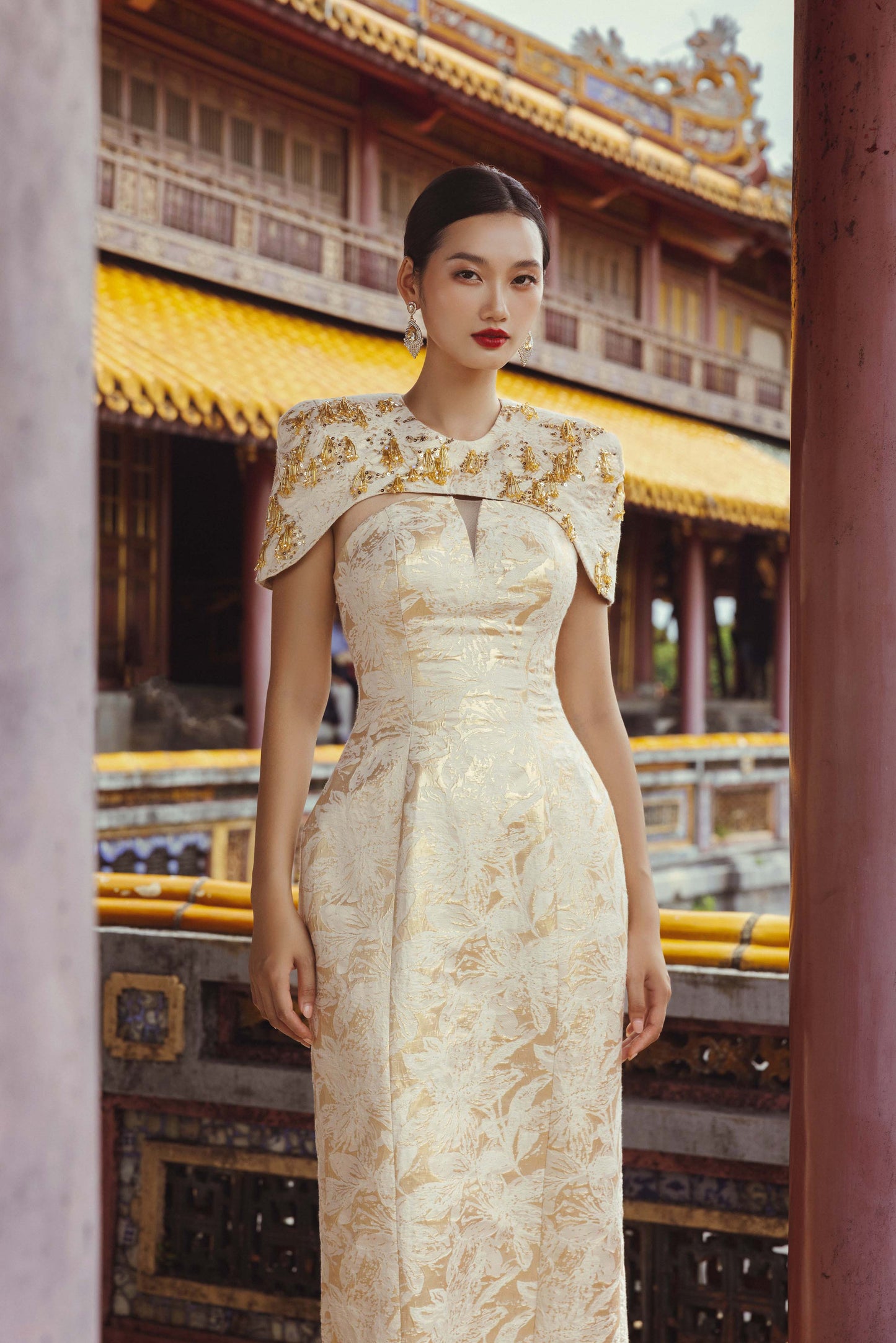Gold Brocade Embroidered Long Gown with Structured Cape