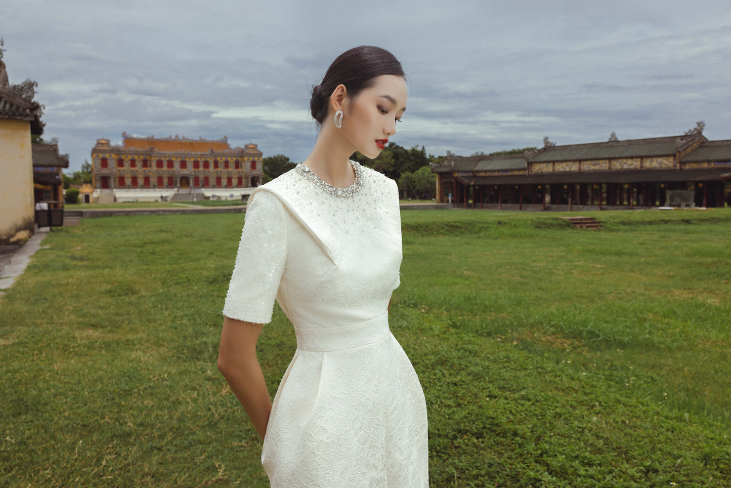 White Textured Midi Dress with Pearl Embellished Collar