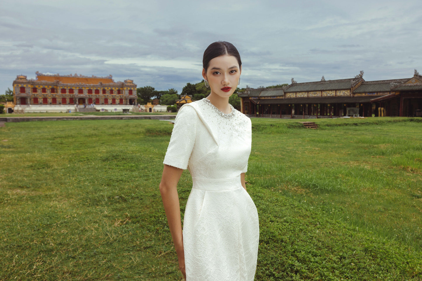 White Textured Midi Dress with Pearl Embellished Collar