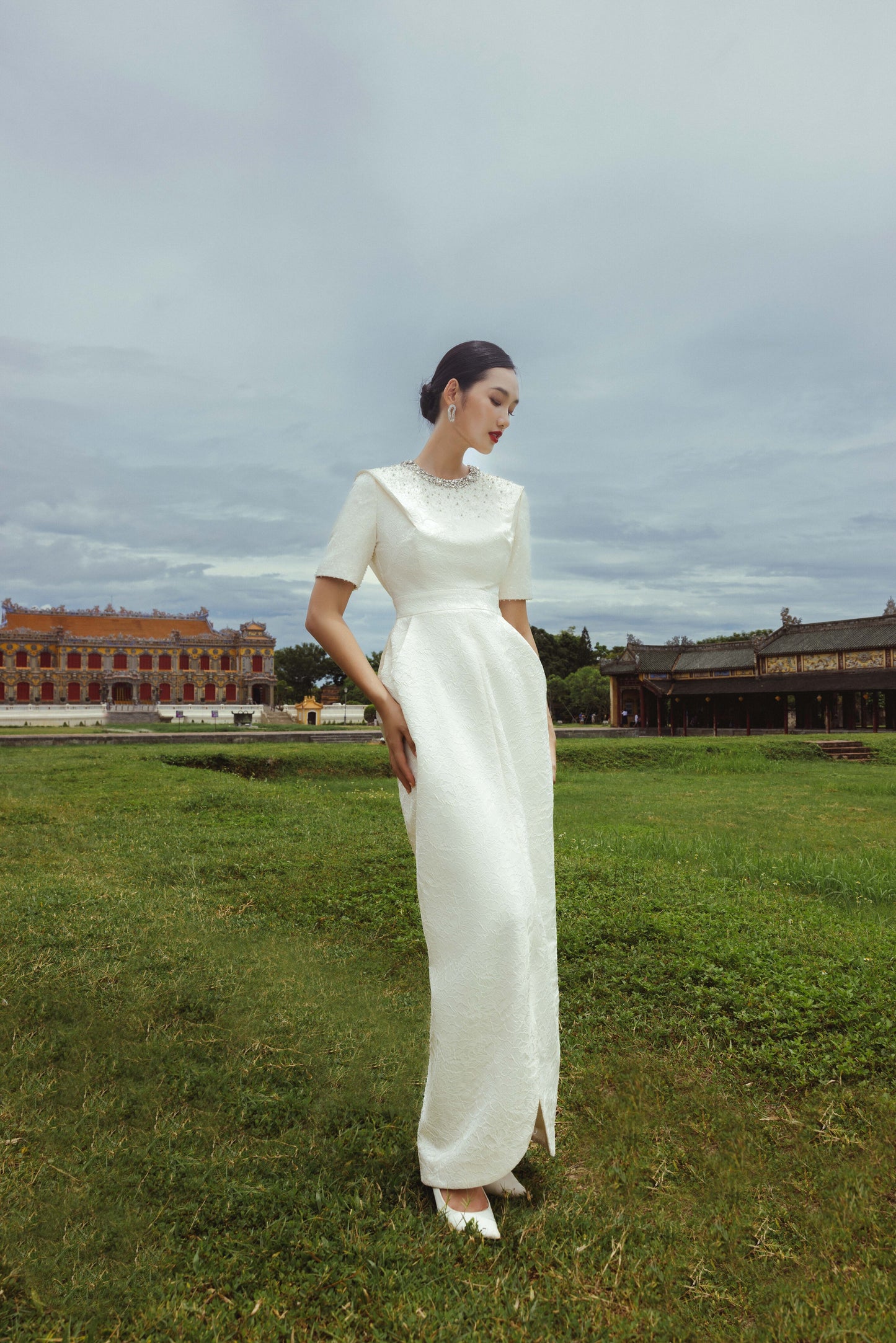 White Textured Midi Dress with Pearl Embellished Collar