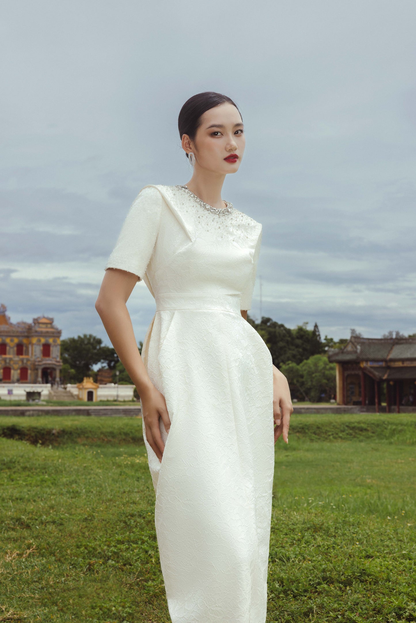 White Textured Midi Dress with Pearl Embellished Collar